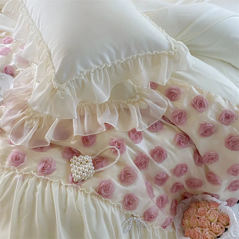 Afralia™ Romantic Rose Lace Bedding Set: Duvet Cover, Sheet, Pillowcases, Ruffles