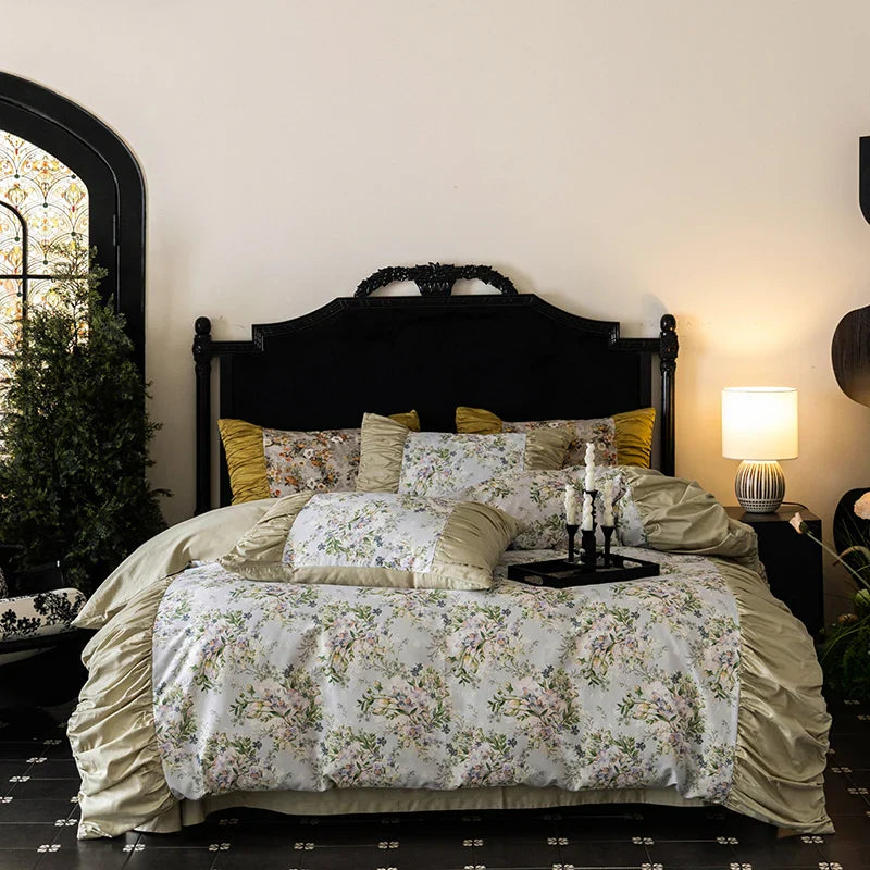 Afralia™ Vintage Rose Print Ruffles Bedding Set: 800TC Egyptian Cotton, Duvet Cover, Sheet, Pillowcases