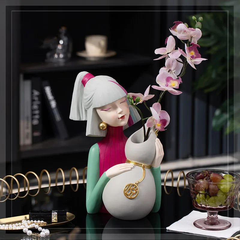 Afralia™ Modern Girl Vase, Resin Ornaments, Office Desk Figurines, Decoration Accessories, Gift