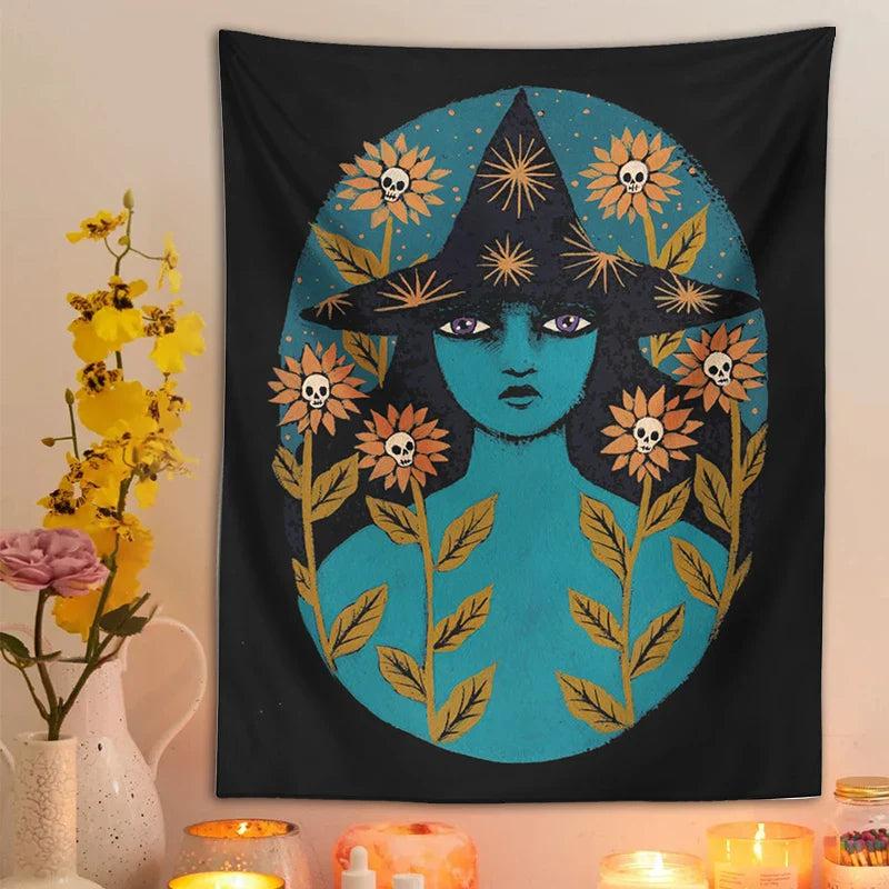 Afralia™ Blue Witches Botanical Tapestry Wall Hanging for Home Room Decor and Aesthetic Magic