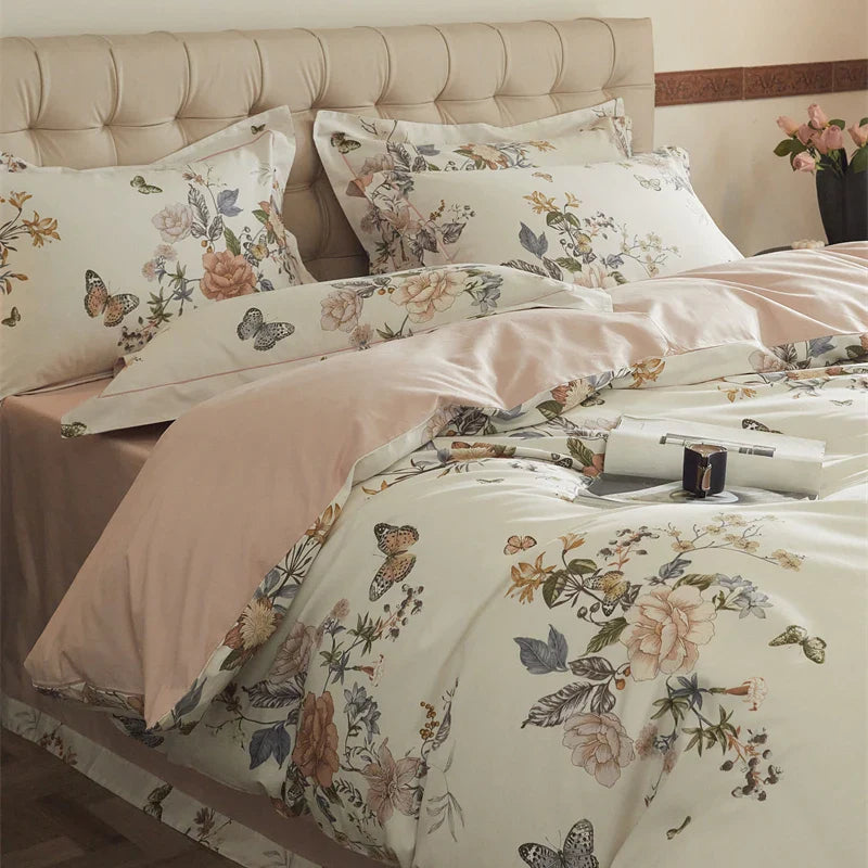 Afralia™ Butterfly Blooming Flowers Print 100% Egyptian Cotton Bedding Set