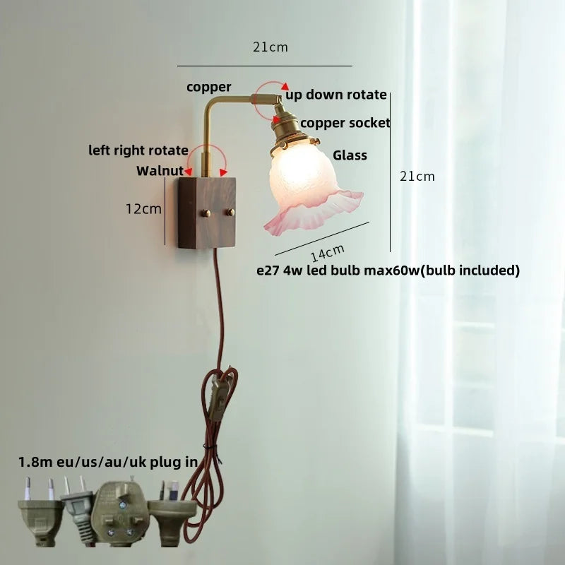 Afralia™ White Glass LED Wall Light Fixture Walnut Wood Brass Pull Chain Switch