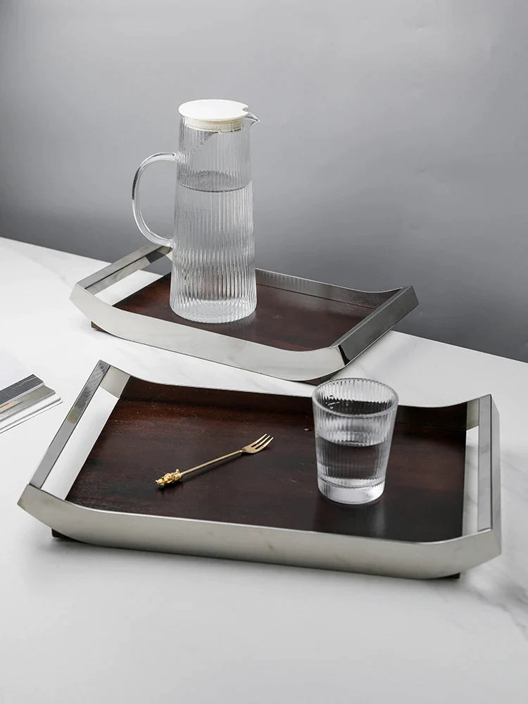 Afralia™ Nordic Tea Tray: Stainless Steel & Walnut Wooden Food Plate