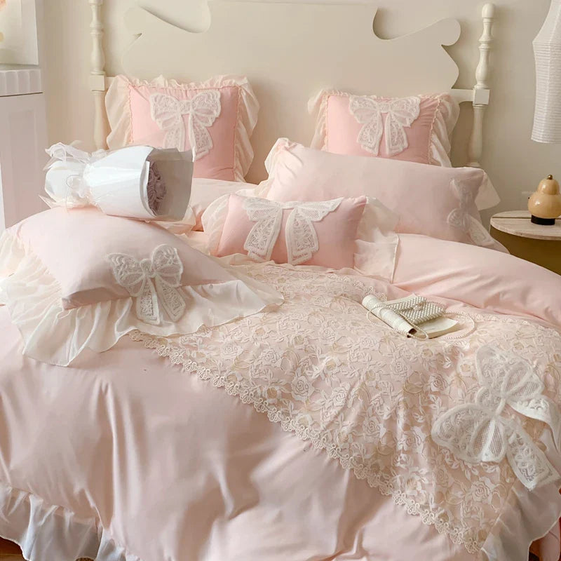 Afralia™ Romantic Lace Ruffles Bedding Set with Bow Decoration - Pink Girls Duvet Cover Set