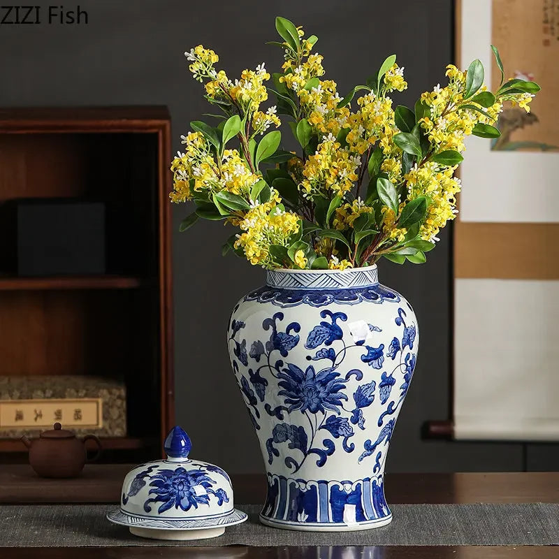 Afralia™ Blue White Porcelain Bird Flower Jar Tea Canister Vase Desk Decor