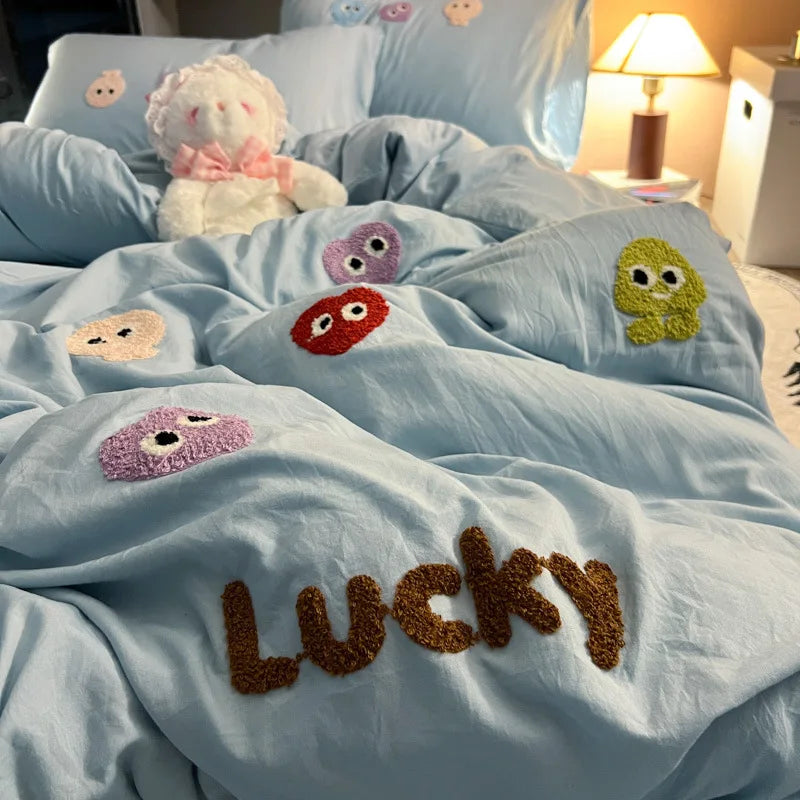 Afralia™ Cotton Cartoon Towel Embroidery Bedding Set: Quilt Cover, Bed Sheet, Pillowcases