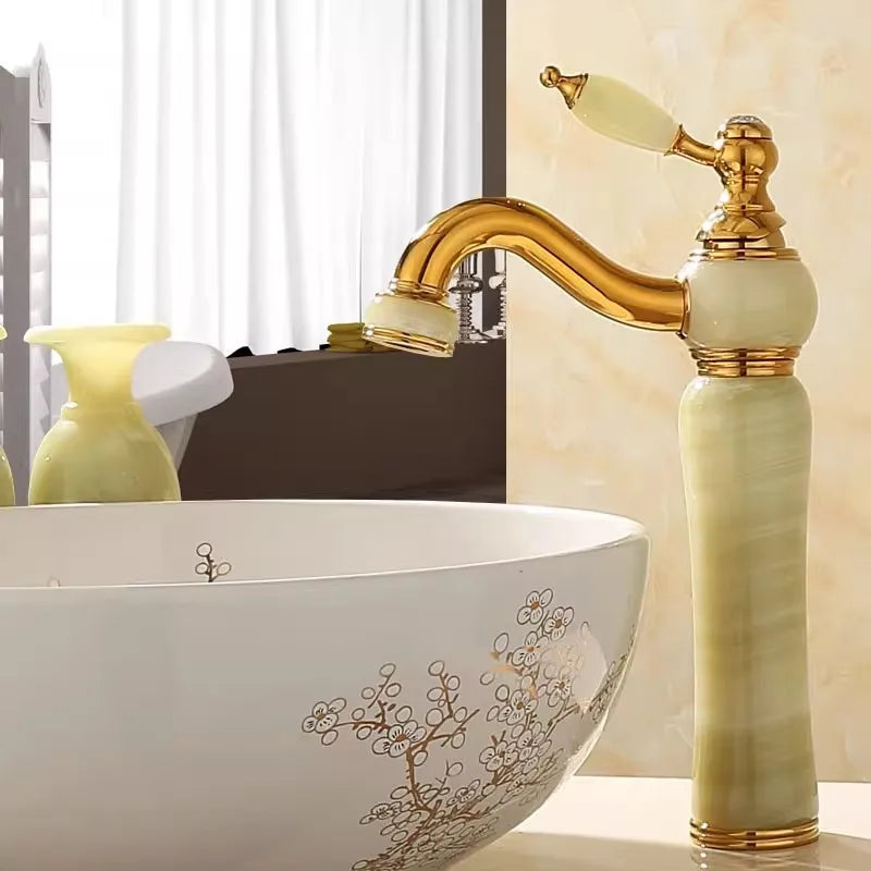 Afralia™ Gold Jade Brass Bathroom Basin Faucet | Deck Mounted Hot Cold Water Mixer