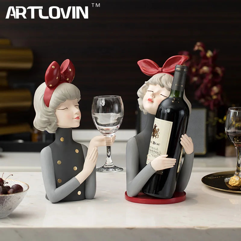 Afralia™ Modern Bow Girl Wine Glass Holder and Cabinet Wine Rack Sculpture