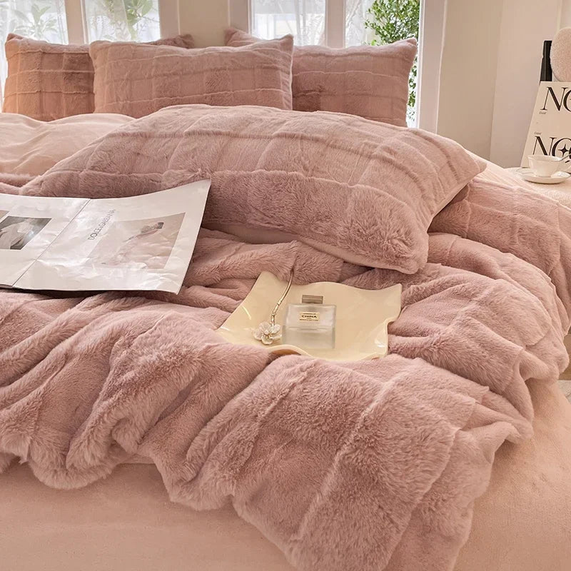 Afralia™ Faux Rabbit Fur Plush Queen Bedding Set for Autumn Winter Warmth