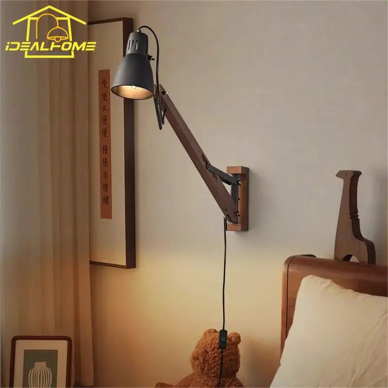 Afralia™ LED Long Pole Swing Arm Wall Lamp, Solid Wood, Adjustable, Industrial Designer