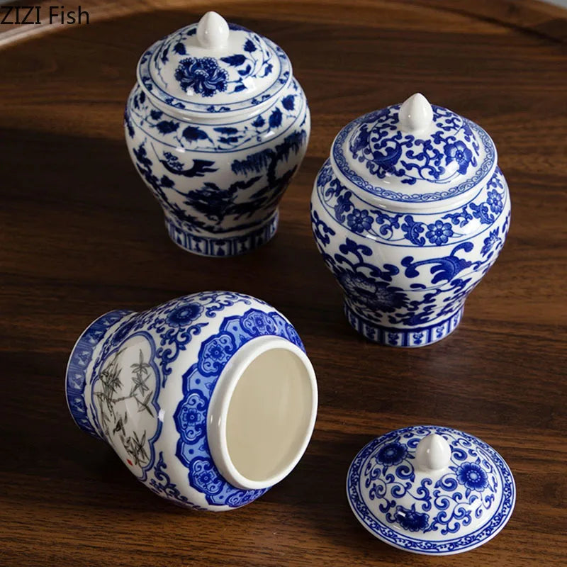 Afralia Blue White Porcelain General Jar Tea Canister with Lid Desk Decoration