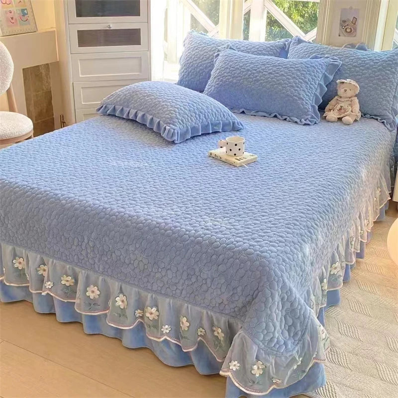 Afralia™ Velvet Flower Lace Ruffles Quilted Bedding Set with Pillowcases