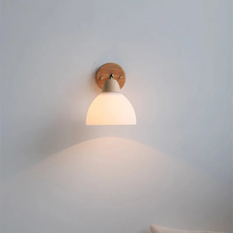 Afralia™ Copper Rotate White Glass Wood Wall Lights LED Bedroom Bedside Lamp