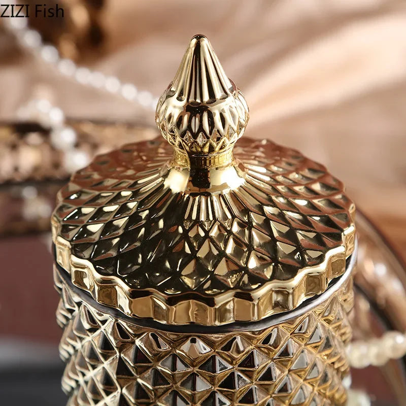 Afralia™ Gilded Glass Storage Jar with Lid for Candy, Jewelry, and Cosmetics