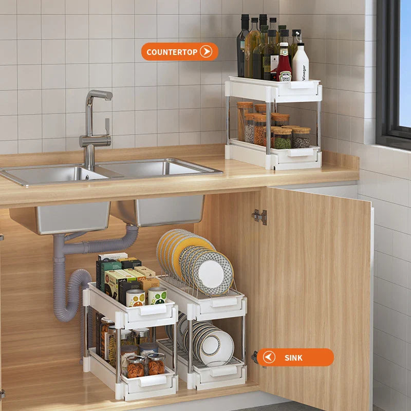 Afralia™ 2 Tier Sliding Drawer Organizer for Kitchen & Bathroom Cabinet