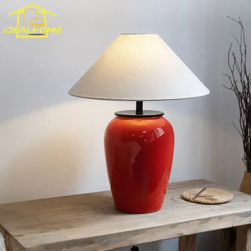 Afralia™ Red Ceramic Table Lamp LED E27 Fabric Lampshade - Art Decor for Home Decor