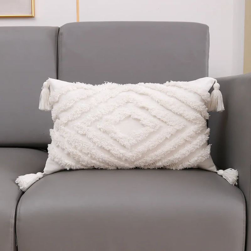 Afralia™ White Diamond Cushion Cover with Tassel Corners - Decorative Throw Pillow Cover