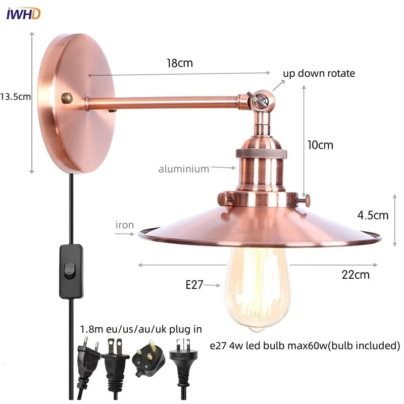 Afralia™ Loft LED Wall Lamp Gold Pull Chain Switch Industrial Luminaire