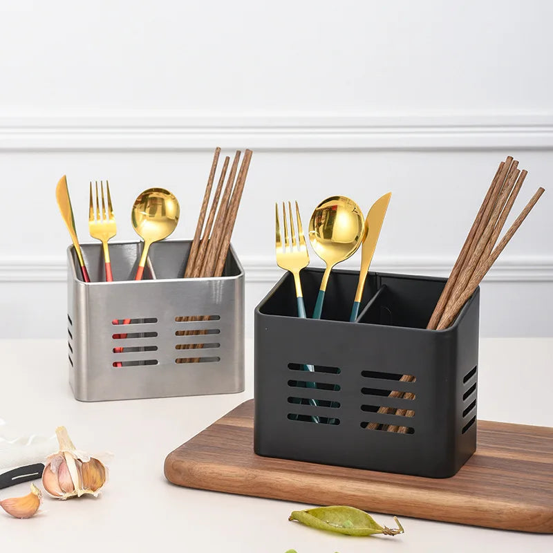 Afralia™ Stainless Steel Chopsticks & Utensil Holder - 2 Grids Skeleton Draining Rack