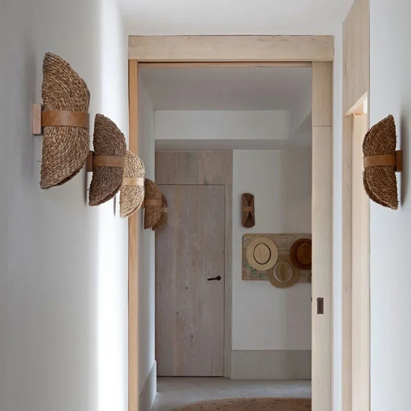 Afralia™ Rattan Woven Wall Lamp Hemp Rope Retro Decor Bedroom Lighting Hallway