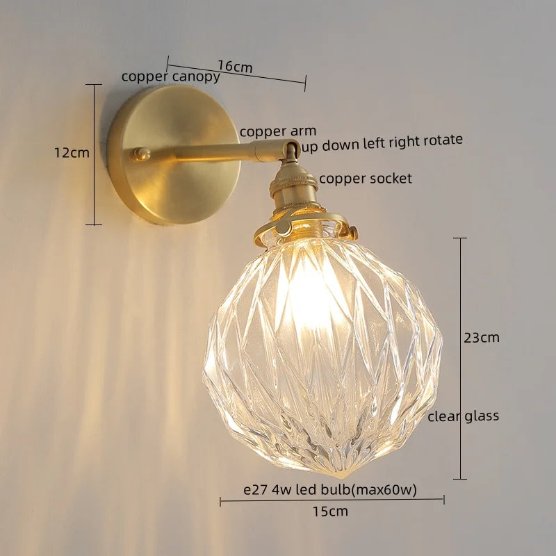Afralia™ Copper Glass Knob Switch LED Wall Light, Nordic Modern Bedside Lamp
