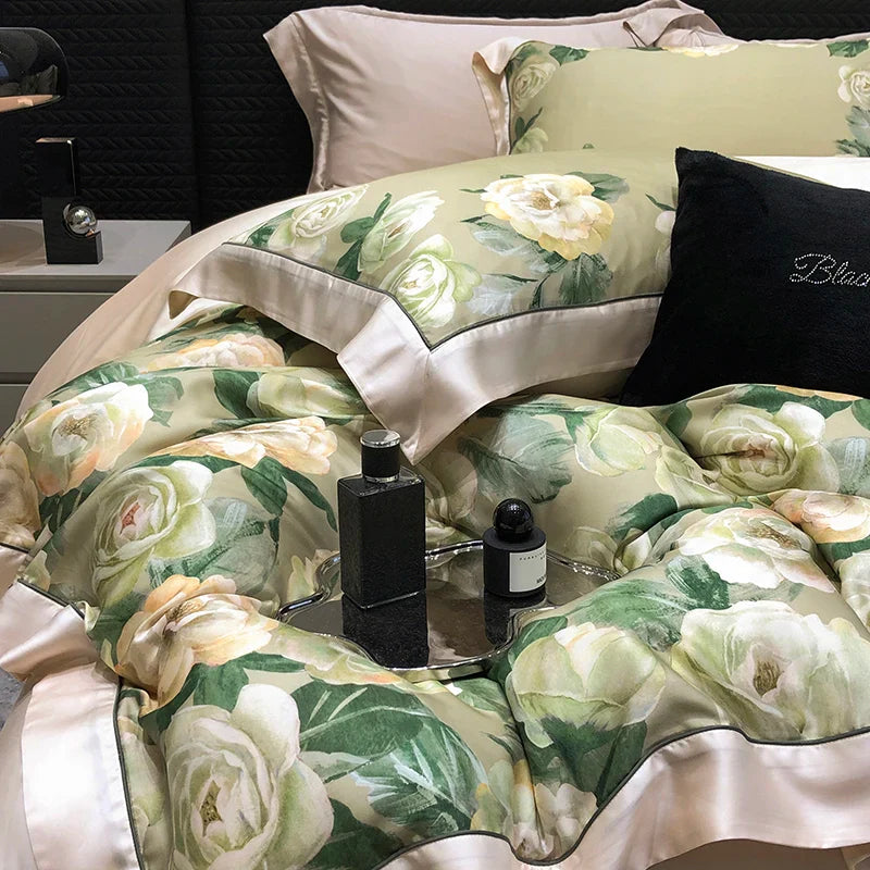 Afralia™ Rose Flowers Bamboo Fiber Bedding Set: Soft & Silky, 1 Duvet Cover, 2 Pillowcases, 1 Flat Sheet
