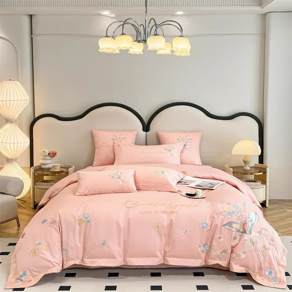 Afralia™ Butterfly Flowers Embroidery Cotton Bedding Set, 4pcs King Queen Size.