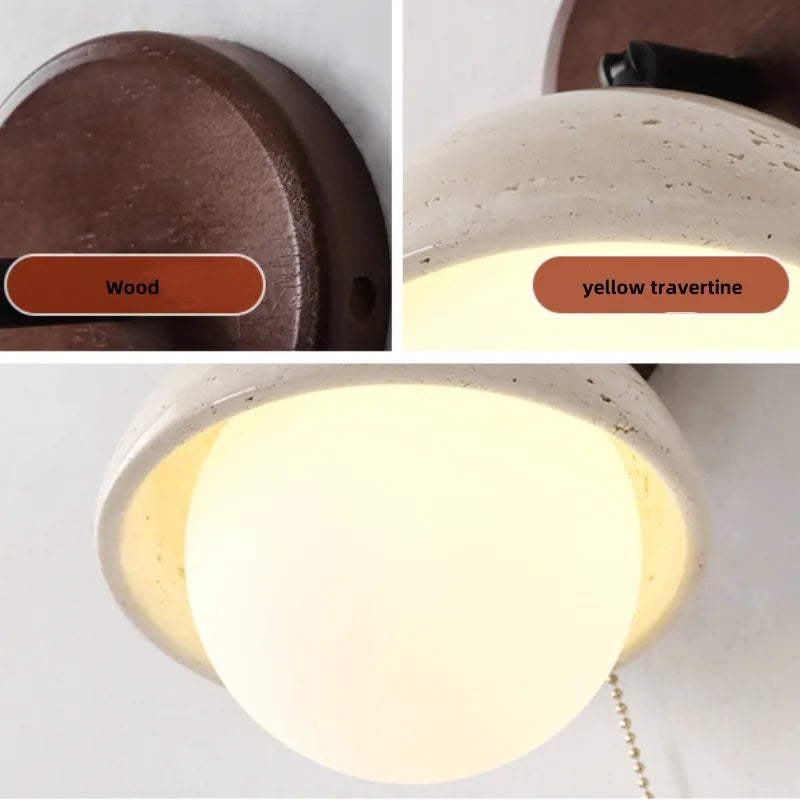 Afralia™ Yellow Travertine LED Wall Light with Pull Chain Switch, Nordic Modern Glass Wood Lamp