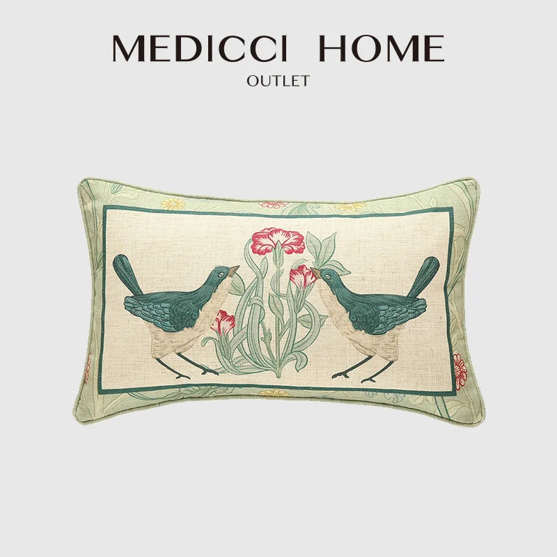 Afralia™ French Linen Flax Lumbar Pillow Cover Flower Birds Print, Fairy Green