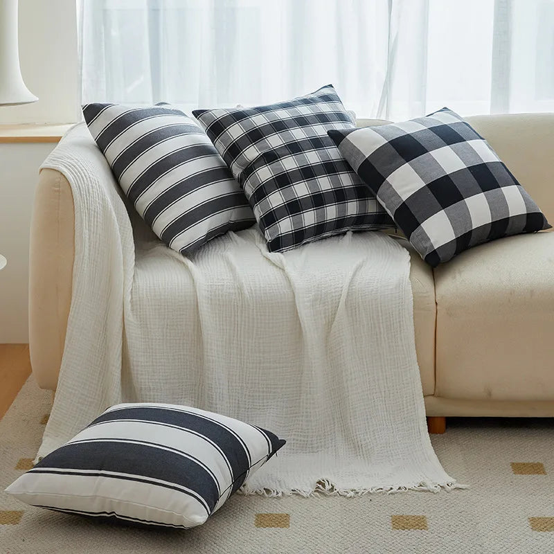 Afralia™ Geometric Plaid Striped Cotton Canvas Pillow Cover for Sofa