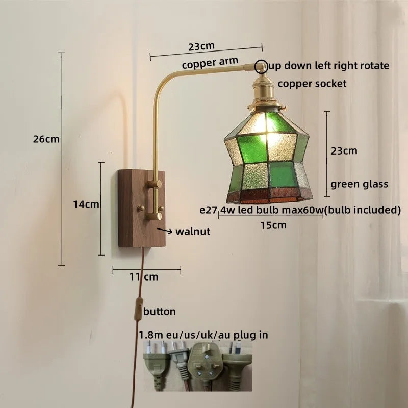 Afralia™ Glass Walnut LED Wall Lamp with Pull Chain Switch - Modern Home Decor