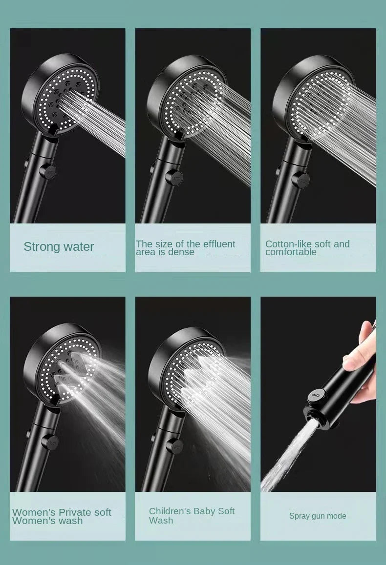 Afralia™ Black Round High Pressure Shower Head with 6 Modes & Water Stop Knobs