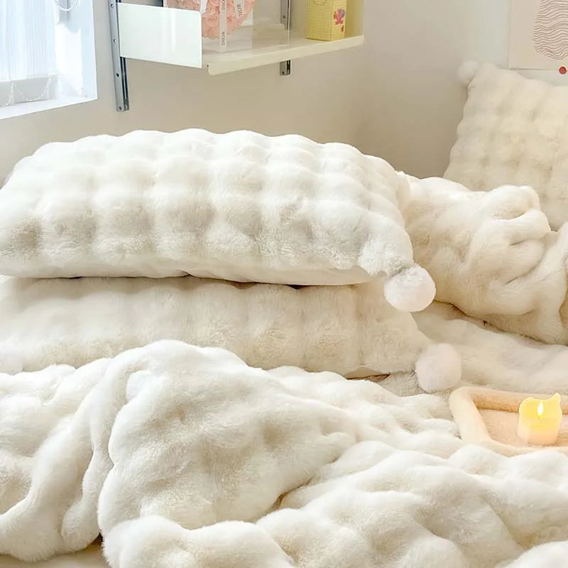Afralia™ Shaggy Faux Rabbit Fur Bedding Set with Plush Ball Decoration, Duvet Cover, Sheet and Pillowcases