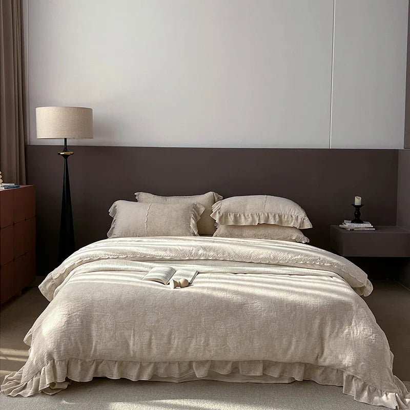 Afralia™ Linen Vintage Jacquard Lace Ruffles Bedding Set: Duvet Cover, Sheet, Pillowcases