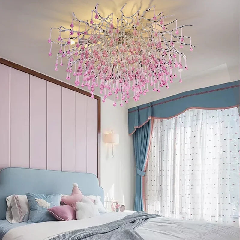 Afralia™ Pink Crystal Chandelier: Luxury Children's Room Decor Water Drop Ceiling Fixture