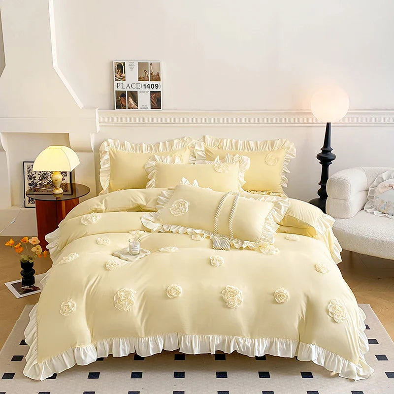Afralia™ Pink Stereoscopic Bedding Set: Handwork Flowers Embroidery, Ruffle, Korean Style