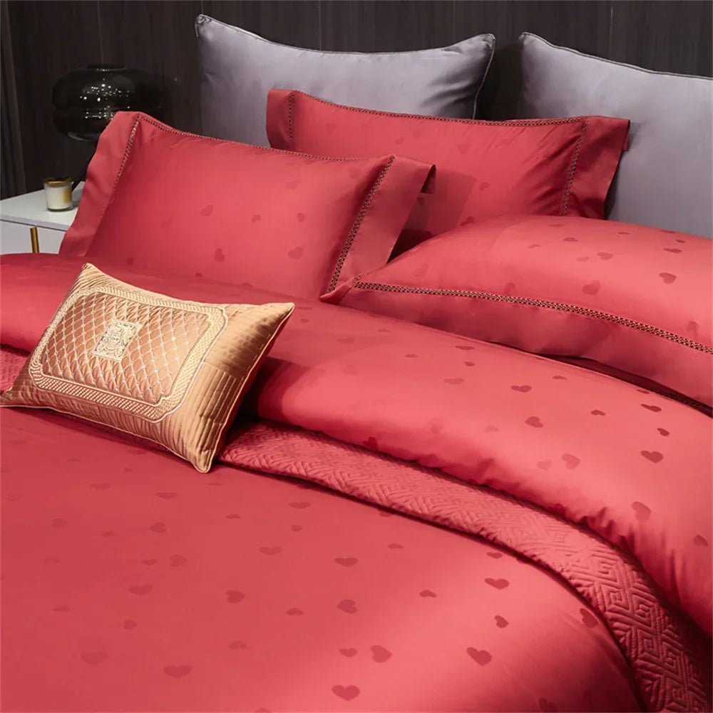Afralia™ Luxury Nordic Red Egyptian Cotton Jacquard Embroidery Bedding Set