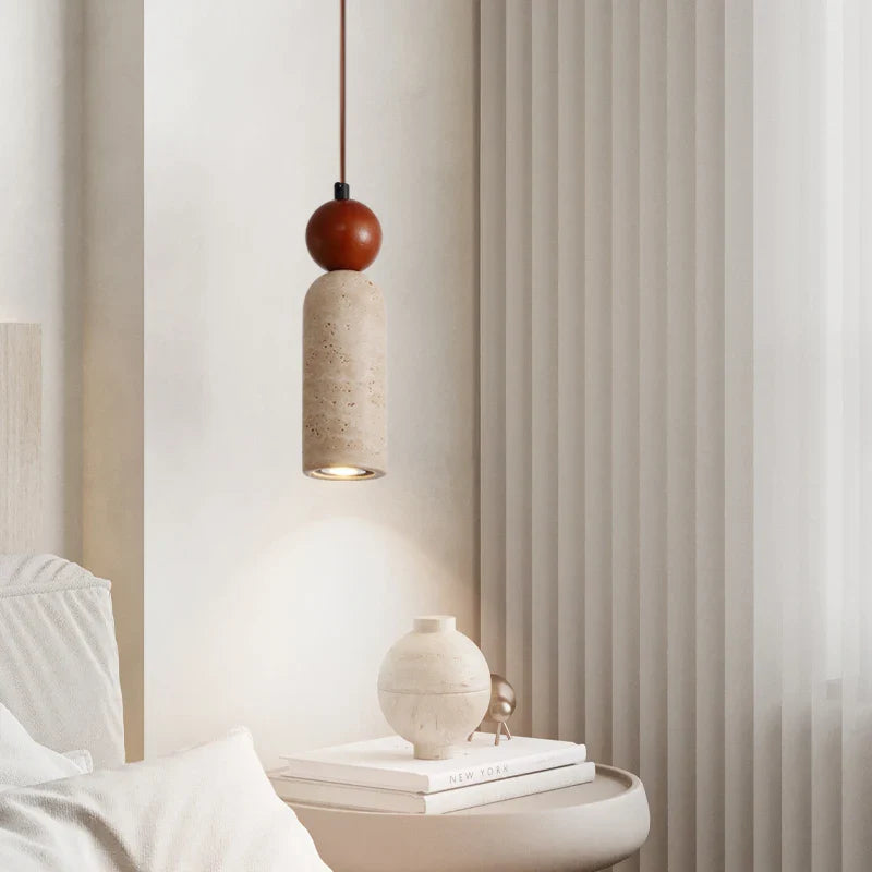 Afralia™ Stone LED Hanging Lamp Bedroom Living Room Lighting Yellow Travertine Wood Pendant