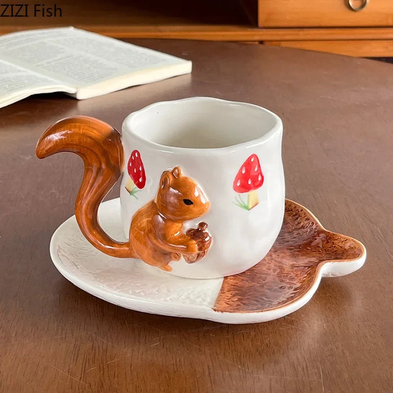 Afralia™ Porcelain Maple Leaf Cup & Saucer Set - Squirrel Design