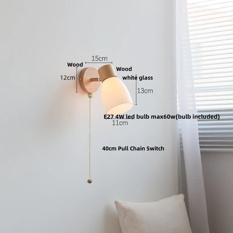 Afralia™ Amber Glass LED Wall Sconce with Pull Chain Switch, Nordic Modern Wood Stair Light