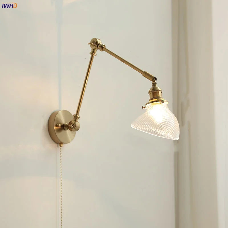 Afralia™ Modern Brass Glass Wall Light with Swing Arms & Pull Chain Switch