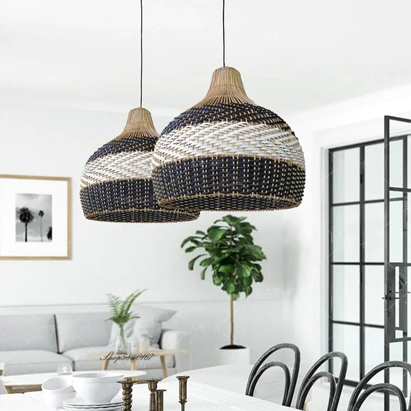 Afralia™ Serena Blue Rattan Pendant Light: Creative Boho Farmhouse Dining Room Lamp