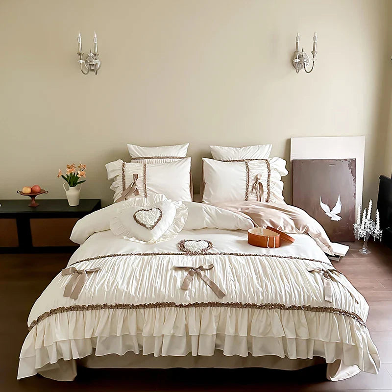 Afralia™ Romantic Bow Pleat Lace Ruffles Bedding Set Silky Duvet Cover Sheet Pillowcase