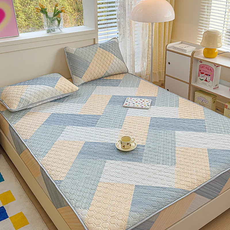 Afralia™ Cool Silk Latex Fitted Sheet Set with Pillowcases, Summer Ice Silk, Single Double Bed