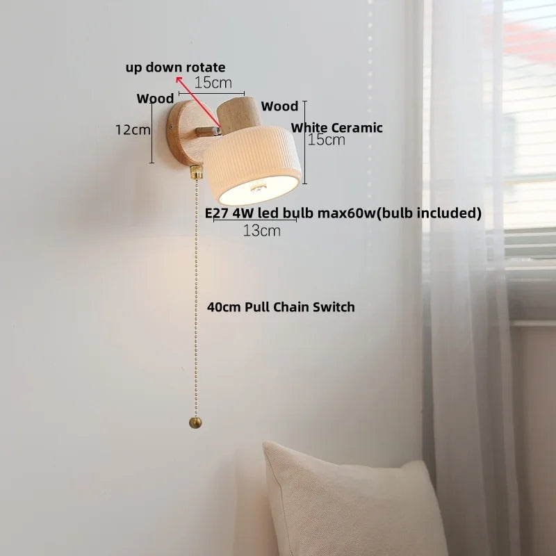 Afralia™ Ceramic LED Wall Lights with Pull Chain Switch, Modern Wood Base Bedside Lamp