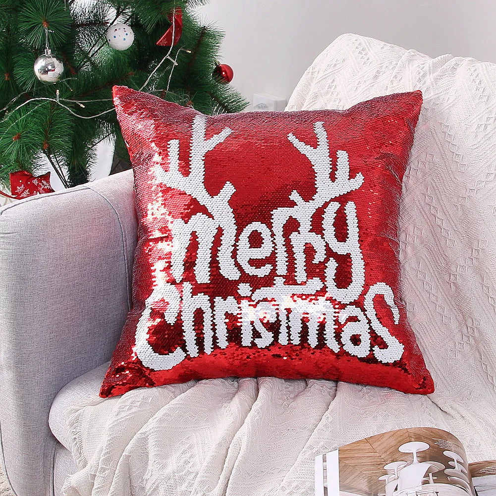 Afralia™ Red Golden Sequins Christmas Cushion Cover 40x40cm: Festive Xmas Home Decor Pillowcase