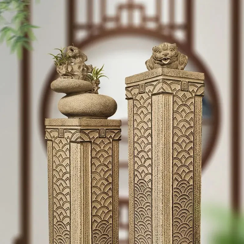 Afralia™ Chinese Antique Coin Stake Display Column for Garden and Living Room Décor