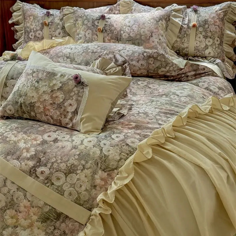 Afralia™ Vintage French Flowers Lace Ruffles Bedding Set with Egyptian Cotton Quality