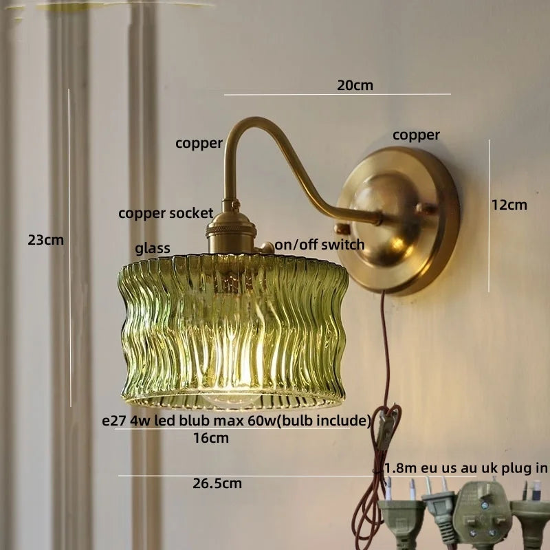 Afralia™ Green Glass LED Wall Light with Copper Knob Switch for Modern Home Décor