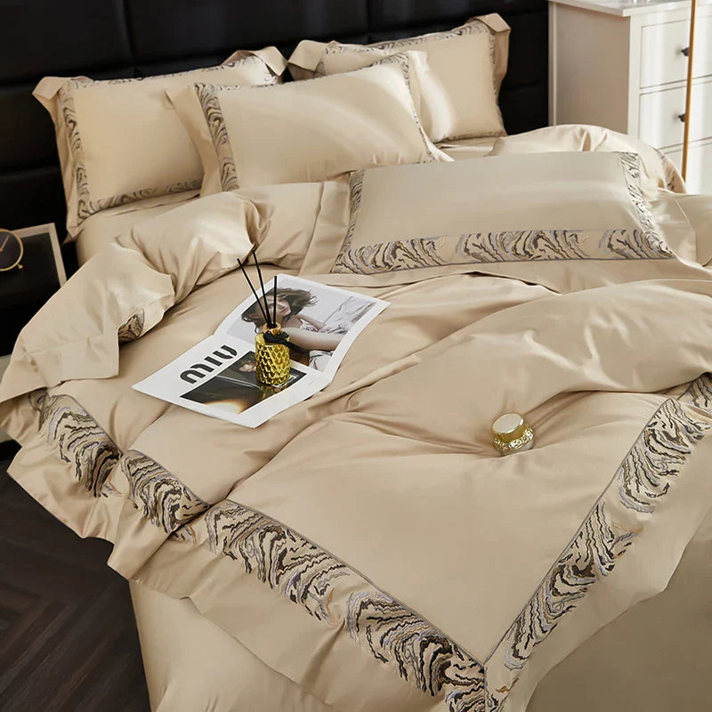 Afralia™ Zebra Print Embroidery Bedding Set 800TC Egyptian Cotton Grey Orange, Duvet Cover Flat Sheet Pillowcases